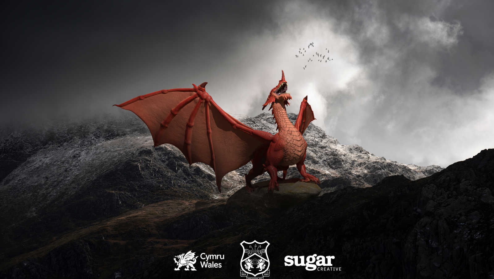 Y Ddraig goch gyda chefndir bygythiol, mynyddig