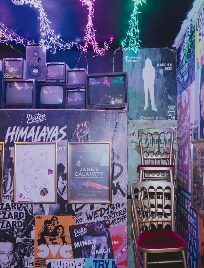 Sound equipment and gig posters including Welsh band 'Himalayas' at Porter's music venue