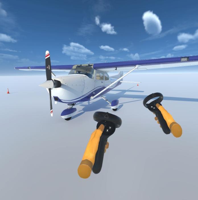 Animated shot of plane on a backdrop of blue sky. In the foreground are two VR handles.