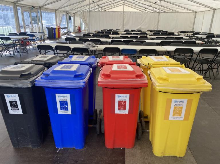 Different coloured bins to separate waste at a film and TV studio