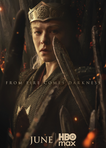 Person wearing a crown surrounded by dark spikes with embers, featuring the text "From Fire Comes Darkness" and "HBO Max June"