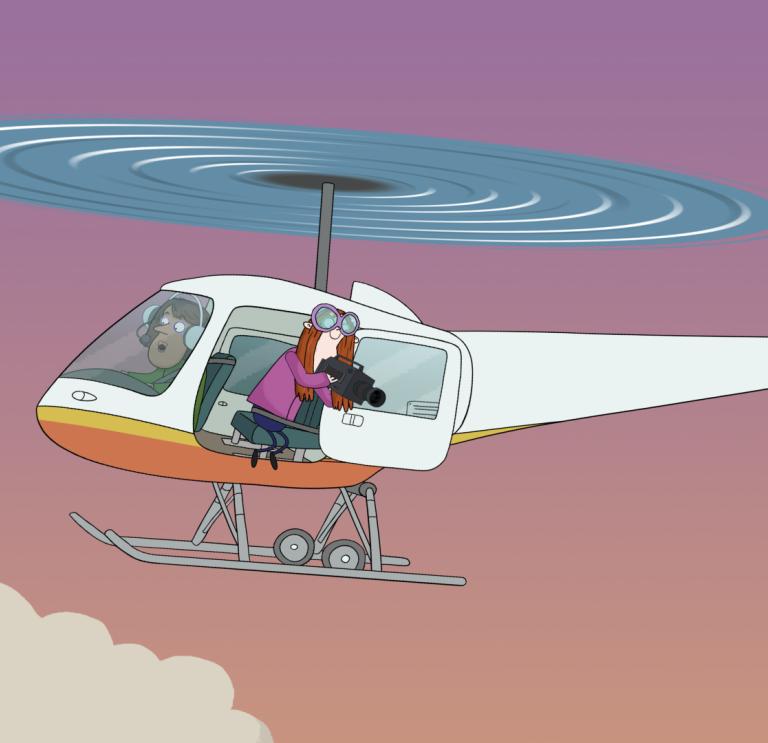 Screenshot from animation of Dave Spud EP52, S2 showing a white helicopter against a pick/orange backdrop. There's a woman leaning out the door filming with a camera.