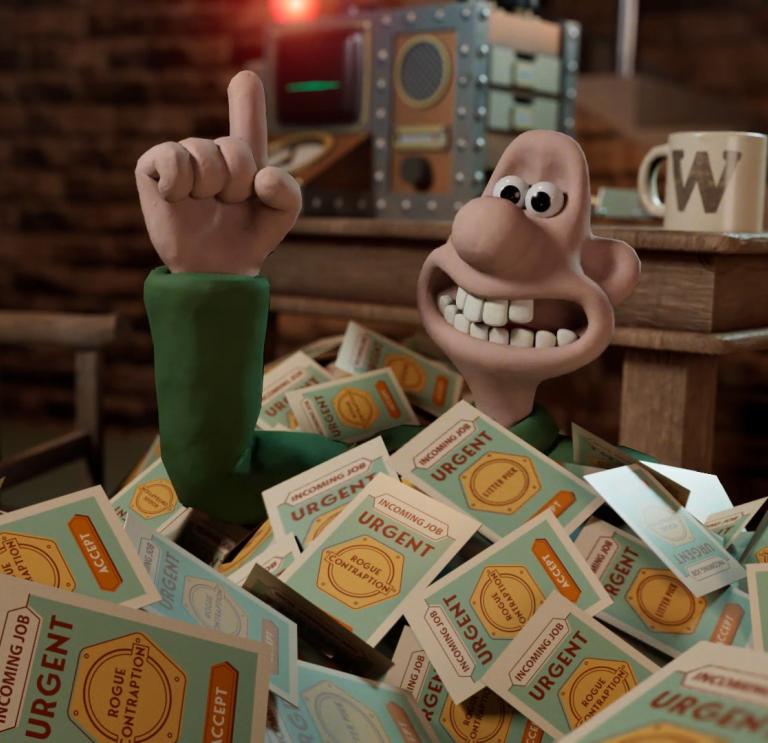 Wallace from Wallace & Gromit with finger in the air, covered with urgent letters