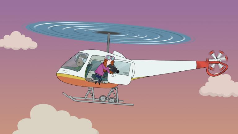 Screenshot from animation of Dave Spud EP52, S2 showing a white helicopter against a pick/orange backdrop. There's a woman leaning out the door filming with a camera.