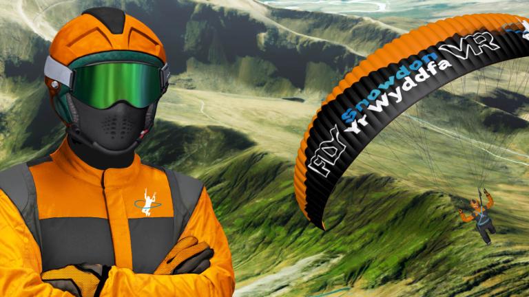 Animated shot of a orange and black Paradrop VR (Frontgrid) glider with the words 'Snowdon Yr Wyddfa' written on it. It's flying against a backdrop of green hills