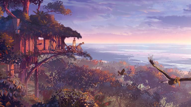 Michael and Kensuke look out from Kensuke's treehouse