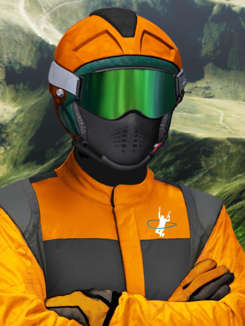 Animated shot of a orange and black Paradrop VR (Frontgrid) glider with the words 'Snowdon Yr Wyddfa' written on it. It's flying against a backdrop of green hills