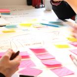 Table covered in white paper covered with pink, yellow and blue post-its and lots of colourful unreadable words.