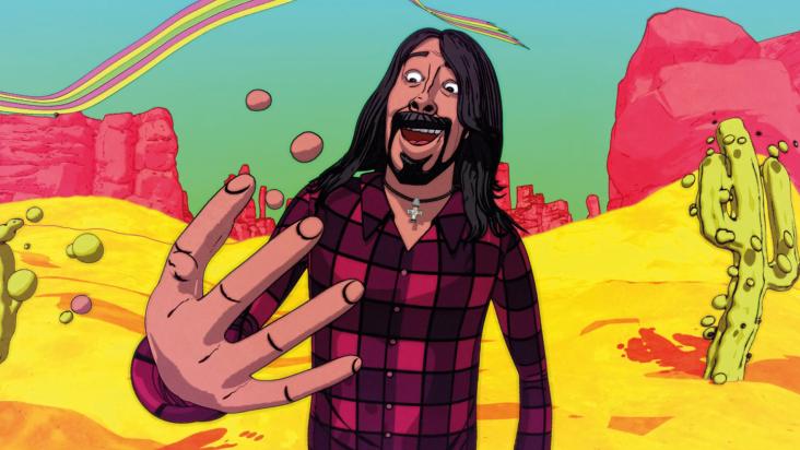 Animeiddiad lliwgar (melyn, pinc a gwyrdd) yn dangos Dave Grohl, o fideo cerddoriaeth 'Chasing Birds' gan Foo Fighters. Mae Dave yn gwisgo crys plaid coch.